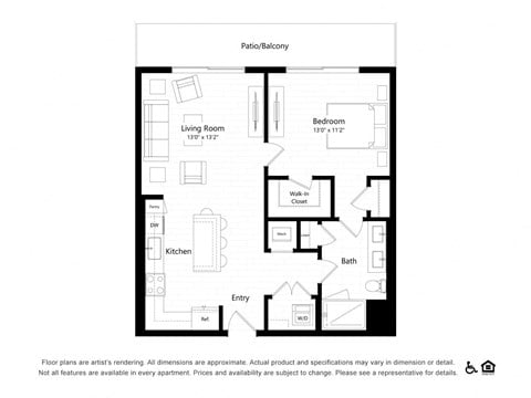 Floor plan for 1 bed, 1 bath, 811 sqft